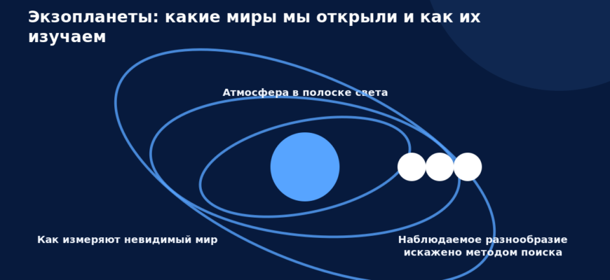 Схема к статье «Экзопланеты: какие миры мы открыли и как их изучаем»: Как измеряют невидимый мир, Атмосфера в полоске света, Наблюдаемое разнообразие искажено методом поиска