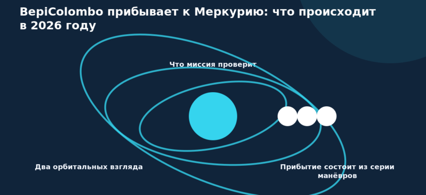 Схема к статье «BepiColombo прибывает к Меркурию: что происходит в 2026 году»: Два орбитальных взгляда, Что миссия проверит, Прибытие состоит из серии манёвров