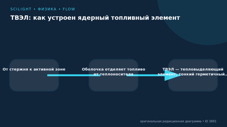 Схема к статье «ТВЭЛ: как устроен ядерный топливный элемент»: От стержня к активной зоне, Оболочка отделяет топливо от теплоносителя, ТВЭЛ — тепловыделяющий элемент, тонкий герметичный…