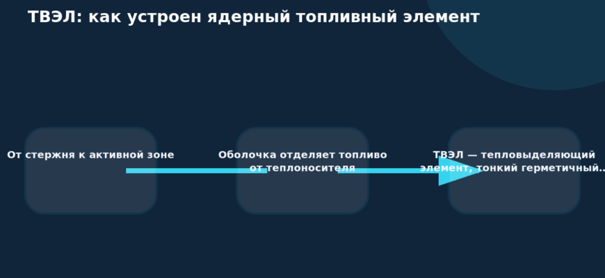 Схема к статье «ТВЭЛ: как устроен ядерный топливный элемент»: От стержня к активной зоне, Оболочка отделяет топливо от теплоносителя, ТВЭЛ — тепловыделяющий элемент, тонкий герметичный…