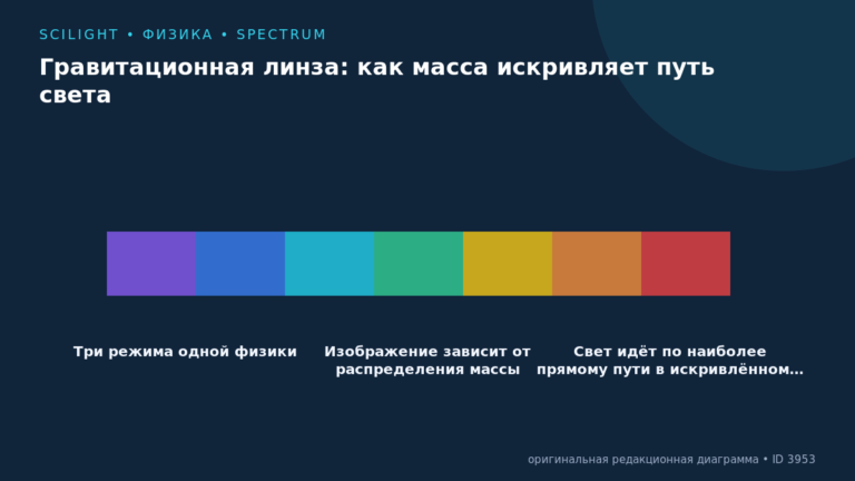Схема к статье «Гравитационная линза: как масса искривляет путь света»: Три режима одной физики, Изображение зависит от распределения массы, Свет идёт по наиболее прямому пути в искривлённом…