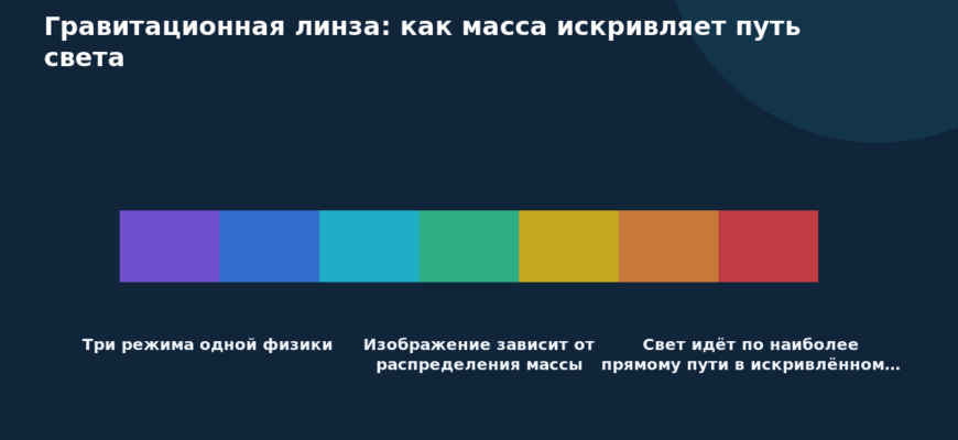 Схема к статье «Гравитационная линза: как масса искривляет путь света»: Три режима одной физики, Изображение зависит от распределения массы, Свет идёт по наиболее прямому пути в искривлённом…