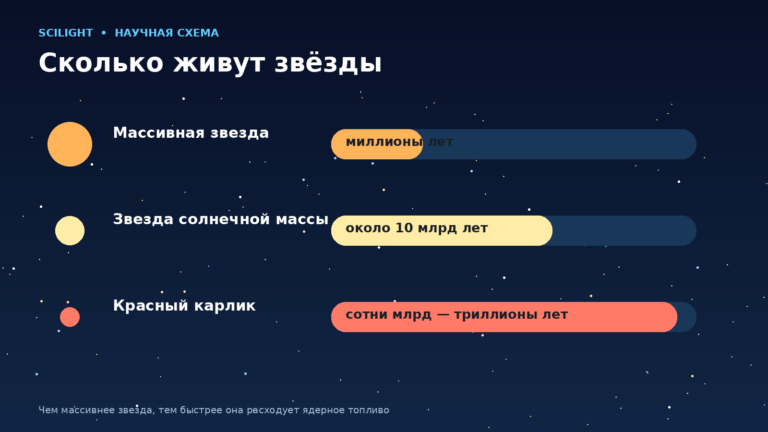 Сравнение времени жизни массивной звезды, звезды солнечной массы и красного карлика