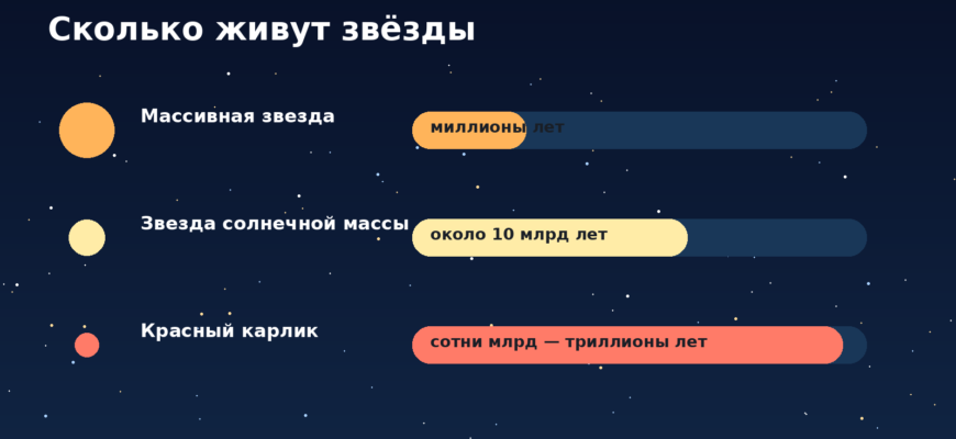 Сравнение времени жизни массивной звезды, звезды солнечной массы и красного карлика