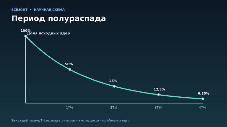 График уменьшения доли нестабильных ядер вдвое за каждый период полураспада