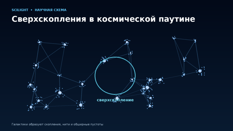 Схема космической паутины с нитями, скоплениями галактик и выделенным сверхскоплением