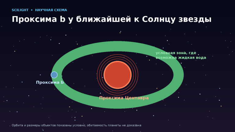 Условная схема орбиты Проксимы b вокруг красного карлика Проксима Центавра