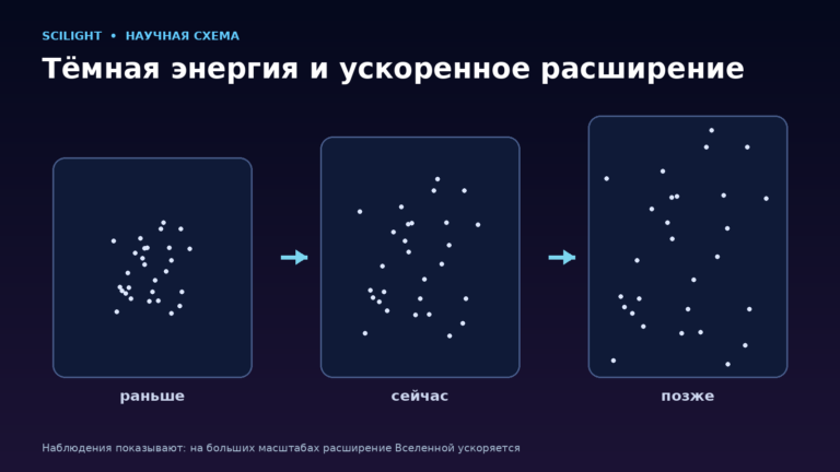 Схема увеличения расстояний между галактиками при ускоренном расширении Вселенной