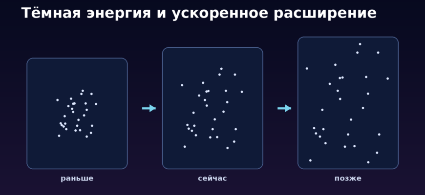 Схема увеличения расстояний между галактиками при ускоренном расширении Вселенной