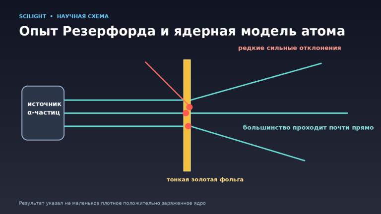 Схема опыта Резерфорда: альфа-частицы проходят через золотую фольгу, а немногие сильно отклоняются