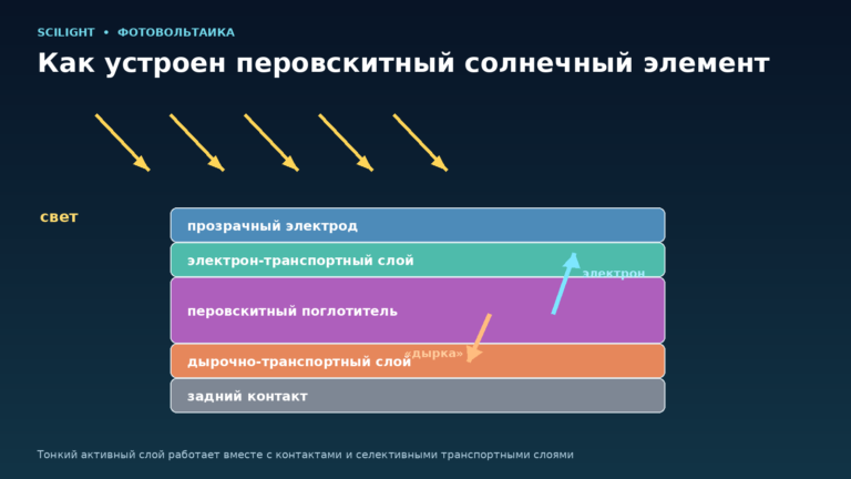 Слои перовскитного солнечного элемента: прозрачный электрод, транспортные слои, поглотитель и задний контакт