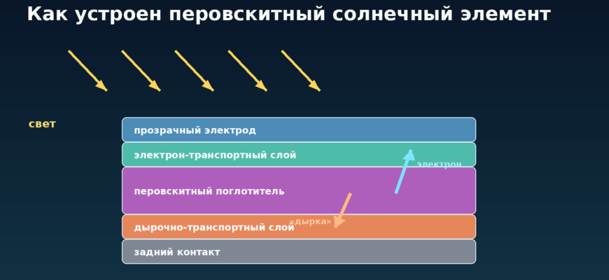 Слои перовскитного солнечного элемента: прозрачный электрод, транспортные слои, поглотитель и задний контакт