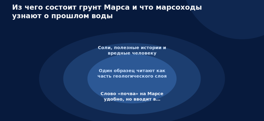 Схема к статье «Из чего состоит грунт Марса и что марсоходы узнают о прошлом воды»: Соли, полезные истории и вредные человеку, Один образец читают как часть геологического слоя, Слово «почва» на Марсе удобно, но вводит в…