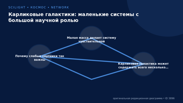 Схема к статье «Карликовые галактики: маленькие системы с большой научной ролью»: Почему слабые спутники так важны, Малая масса делает систему чувствительной, Карликовая галактика может содержать всего несколько…