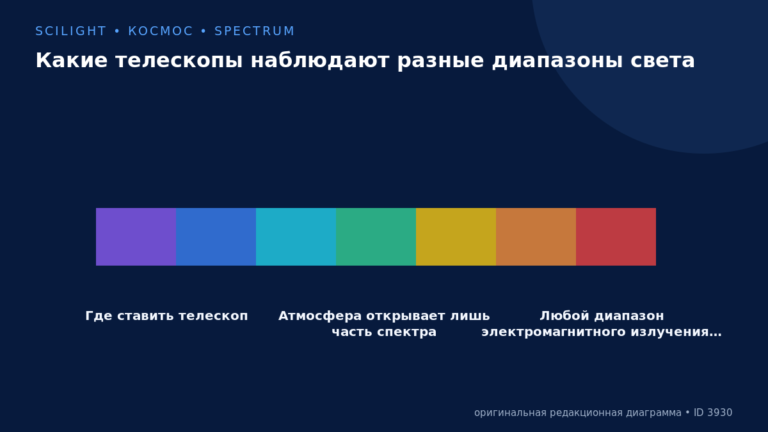 Схема к статье «Какие телескопы наблюдают разные диапазоны света»: Где ставить телескоп, Атмосфера открывает лишь часть спектра, Любой диапазон электромагнитного излучения…