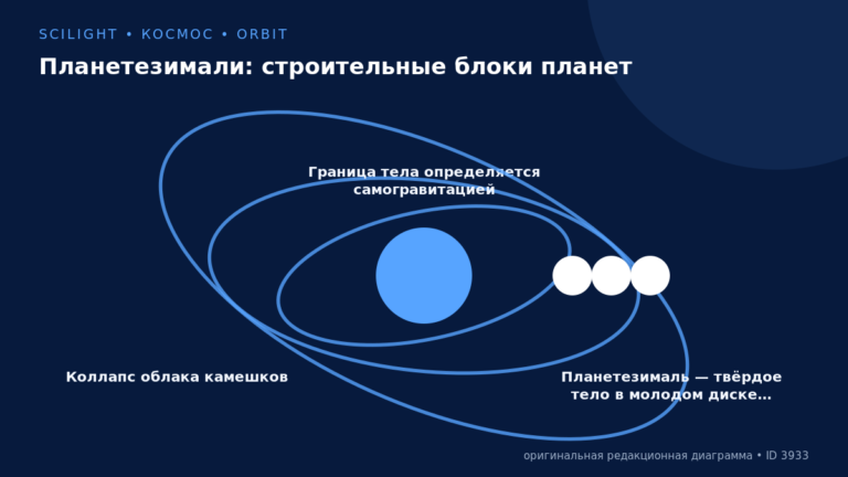 Схема к статье «Планетезимали: строительные блоки планет»: Коллапс облака камешков, Граница тела определяется самогравитацией, Планетезималь — твёрдое тело в молодом диске…