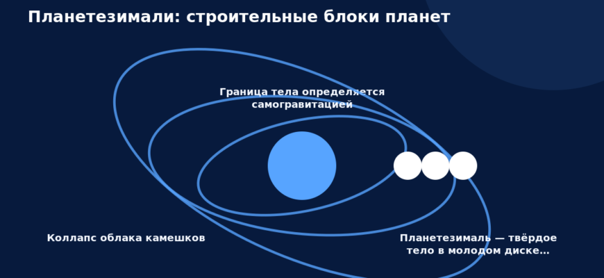 Схема к статье «Планетезимали: строительные блоки планет»: Коллапс облака камешков, Граница тела определяется самогравитацией, Планетезималь — твёрдое тело в молодом диске…