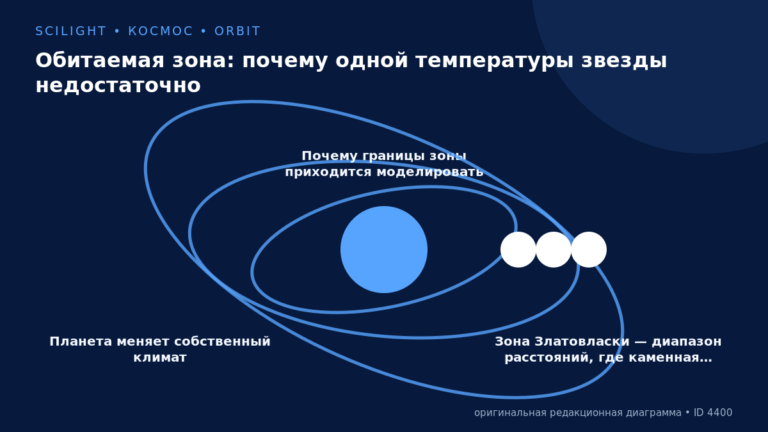 Схема к статье «Обитаемая зона: почему одной температуры звезды недостаточно»: Планета меняет собственный климат, Почему границы зоны приходится моделировать, Зона Златовласки — диапазон расстояний, где каменная…