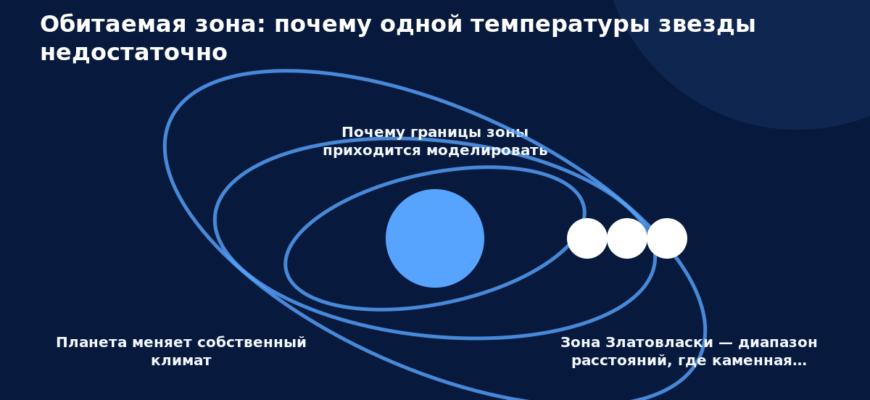 Схема к статье «Обитаемая зона: почему одной температуры звезды недостаточно»: Планета меняет собственный климат, Почему границы зоны приходится моделировать, Зона Златовласки — диапазон расстояний, где каменная…