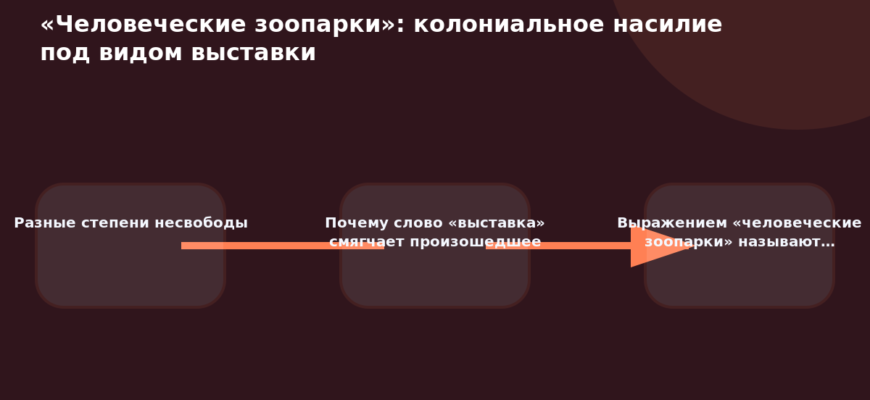 Схема к статье ««Человеческие зоопарки»: колониальное насилие под видом выставки»: Разные степени несвободы, Почему слово «выставка» смягчает произошедшее, Выражением «человеческие зоопарки» называют…