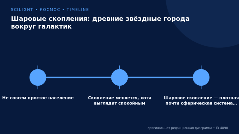 Три этапа на временной линии описывают состав и эволюцию шаровых скоплений