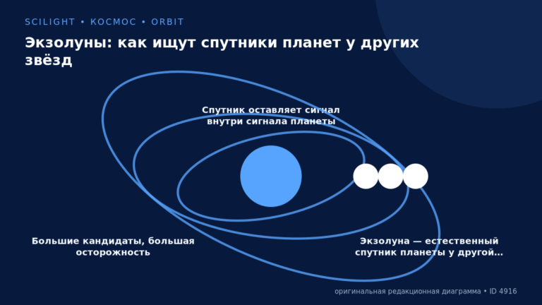 Схема к статье «Экзолуны: как ищут спутники планет у других звёзд»: Большие кандидаты, большая осторожность, Спутник оставляет сигнал внутри сигнала планеты, Экзолуна — естественный спутник планеты у другой…