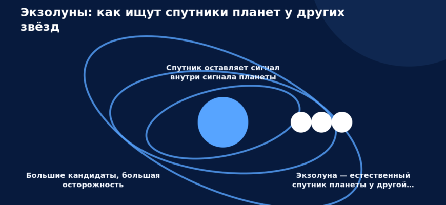 Схема к статье «Экзолуны: как ищут спутники планет у других звёзд»: Большие кандидаты, большая осторожность, Спутник оставляет сигнал внутри сигнала планеты, Экзолуна — естественный спутник планеты у другой…