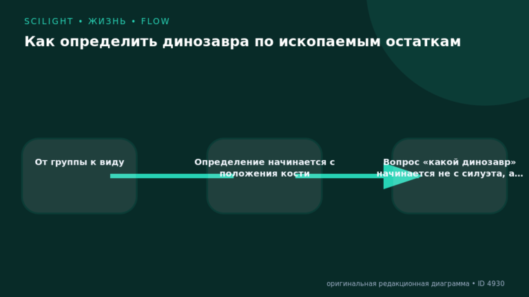 Схема к статье «Как определить динозавра по ископаемым остаткам»: От группы к виду, Определение начинается с положения кости, Вопрос «какой динозавр» начинается не с силуэта, а…