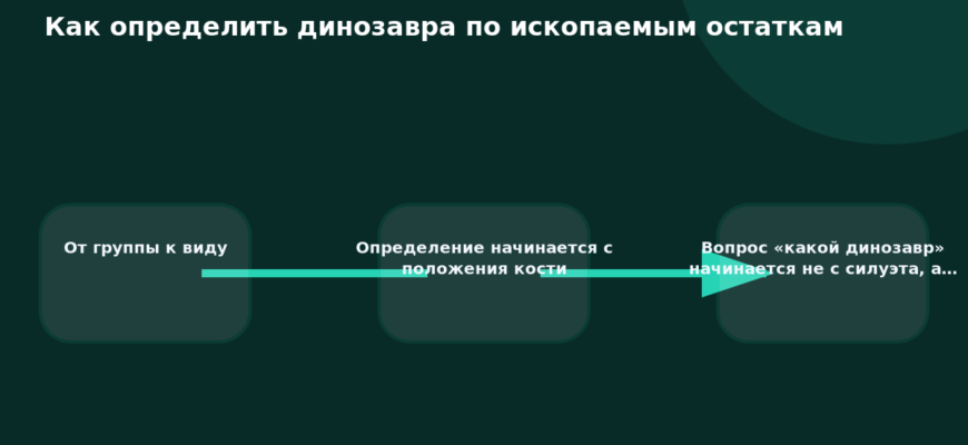 Схема к статье «Как определить динозавра по ископаемым остаткам»: От группы к виду, Определение начинается с положения кости, Вопрос «какой динозавр» начинается не с силуэта, а…