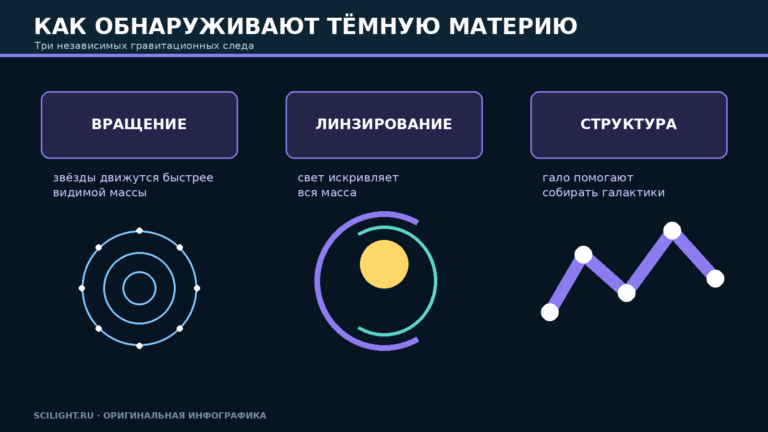 Схема трёх наблюдательных свидетельств тёмной материи: вращение галактик, линзирование и рост структуры