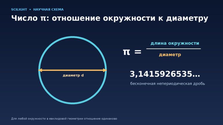 Окружность с отмеченным диаметром и формулой числа π как отношения длины окружности к диаметру
