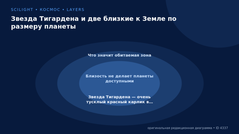 Схема к статье «Звезда Тигардена и две близкие к Земле по размеру планеты»: Что значит обитаемая зона, Близость не делает планеты доступными, Звезда Тигардена — очень тусклый красный карлик в…
