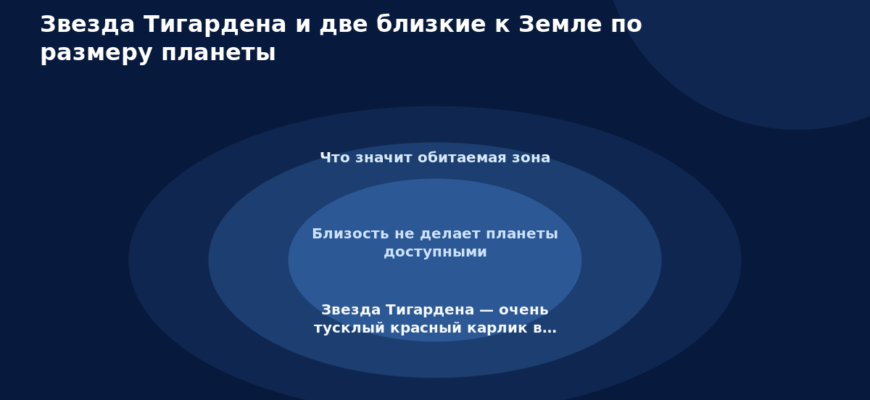 Схема к статье «Звезда Тигардена и две близкие к Земле по размеру планеты»: Что значит обитаемая зона, Близость не делает планеты доступными, Звезда Тигардена — очень тусклый красный карлик в…