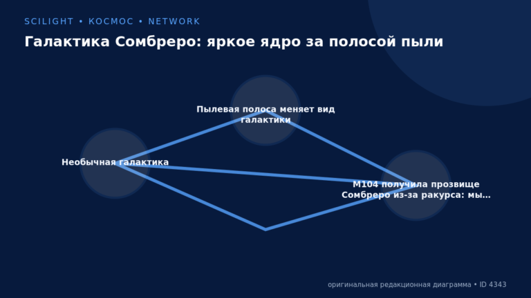 Схема к статье «Галактика Сомбреро: яркое ядро за полосой пыли»: Необычная галактика, Пылевая полоса меняет вид галактики, M104 получила прозвище Сомбреро из-за ракурса: мы…