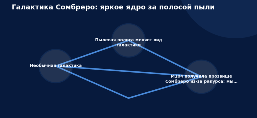 Схема к статье «Галактика Сомбреро: яркое ядро за полосой пыли»: Необычная галактика, Пылевая полоса меняет вид галактики, M104 получила прозвище Сомбреро из-за ракурса: мы…