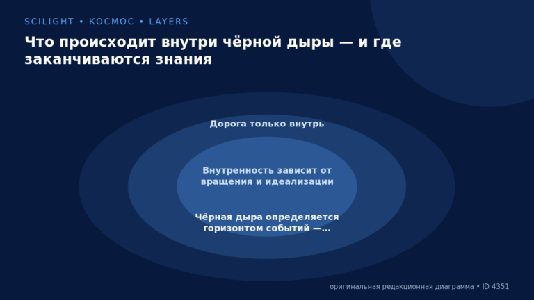 Схема к статье «Что происходит внутри чёрной дыры — и где заканчиваются знания»: Дорога только внутрь, Внутренность зависит от вращения и идеализации, Чёрная дыра определяется горизонтом событий —…