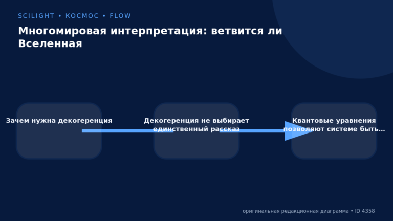Схема к статье «Многомировая интерпретация: ветвится ли Вселенная»: Зачем нужна декогеренция, Декогеренция не выбирает единственный рассказ, Квантовые уравнения позволяют системе быть…