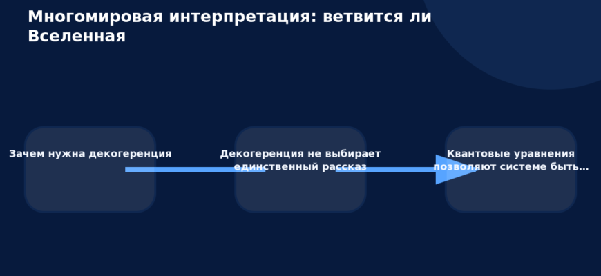 Схема к статье «Многомировая интерпретация: ветвится ли Вселенная»: Зачем нужна декогеренция, Декогеренция не выбирает единственный рассказ, Квантовые уравнения позволяют системе быть…