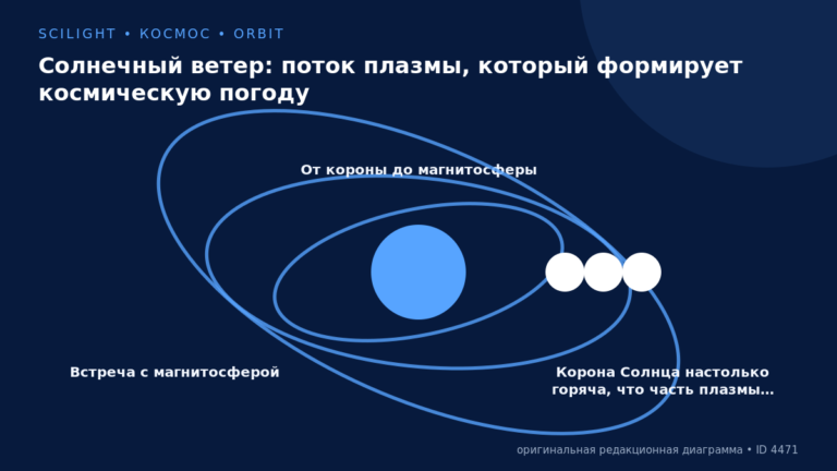 Схема к статье «Солнечный ветер: поток плазмы, который формирует космическую погоду»: Встреча с магнитосферой, От короны до магнитосферы, Корона Солнца настолько горяча, что часть плазмы…