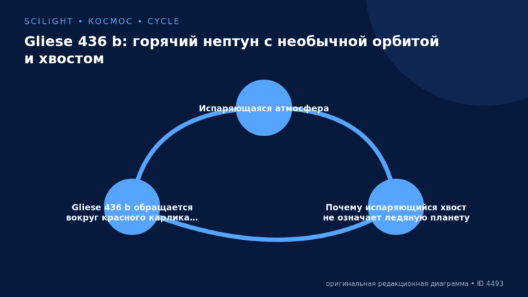 Схема к статье «Gliese 436 b: горячий нептун с необычной орбитой и хвостом»: Испаряющаяся атмосфера, Почему испаряющийся хвост не означает ледяную планету, Gliese 436 b обращается вокруг красного карлика…