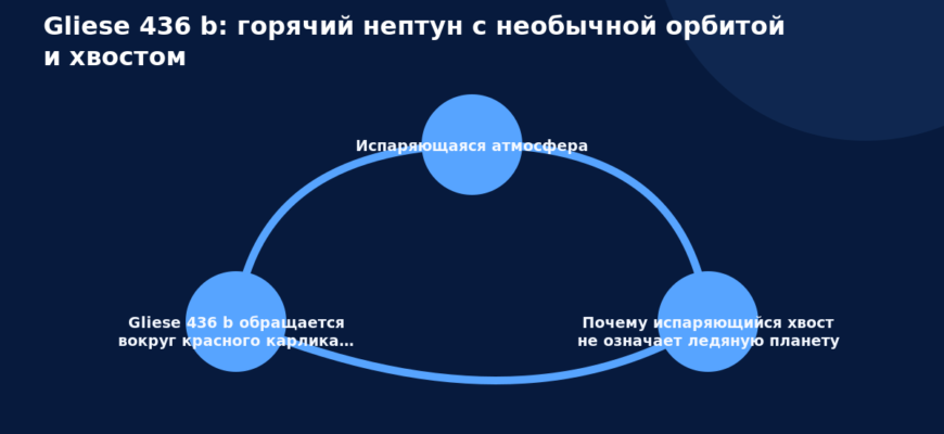 Схема к статье «Gliese 436 b: горячий нептун с необычной орбитой и хвостом»: Испаряющаяся атмосфера, Почему испаряющийся хвост не означает ледяную планету, Gliese 436 b обращается вокруг красного карлика…