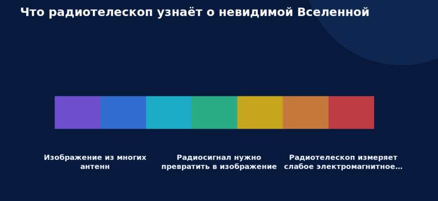 Схема к статье «Что радиотелескоп узнаёт о невидимой Вселенной»: Изображение из многих антенн, Радиосигнал нужно превратить в изображение, Радиотелескоп измеряет слабое электромагнитное…