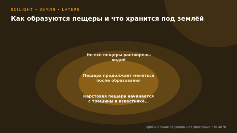 Схема к статье «Как образуются пещеры и что хранится под землёй»: Не все пещеры растворены водой, Пещера продолжает меняться после образования, Карстовая пещера начинается с трещины в известняке…