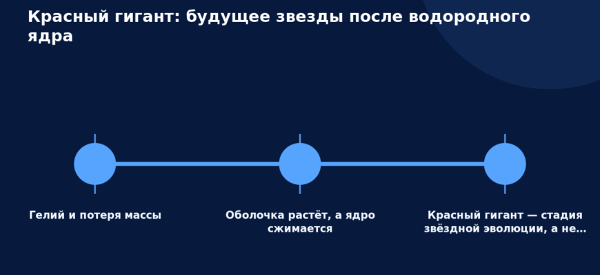 Схема к статье «Красный гигант: будущее звезды после водородного ядра»: Гелий и потеря массы, Оболочка растёт, а ядро сжимается, Красный гигант — стадия звёздной эволюции, а не…
