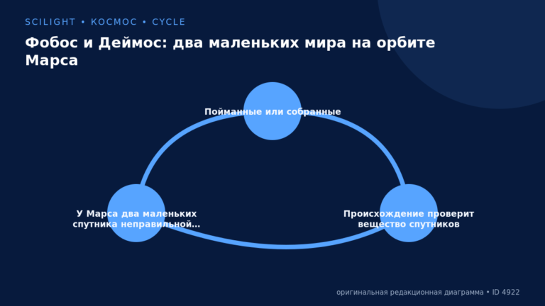 Схема к статье «Фобос и Деймос: два маленьких мира на орбите Марса»: Пойманные или собранные, Происхождение проверит вещество спутников, У Марса два маленьких спутника неправильной…