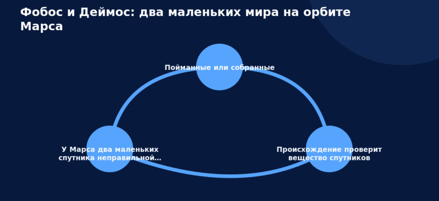 Схема к статье «Фобос и Деймос: два маленьких мира на орбите Марса»: Пойманные или собранные, Происхождение проверит вещество спутников, У Марса два маленьких спутника неправильной…