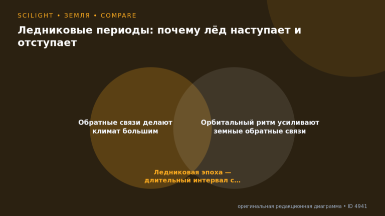 Схема к статье «Ледниковые периоды: почему лёд наступает и отступает»: Обратные связи делают климат большим, Орбитальный ритм усиливают земные обратные связи, Ледниковая эпоха — длительный интервал с…