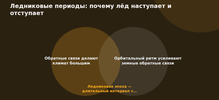 Схема к статье «Ледниковые периоды: почему лёд наступает и отступает»: Обратные связи делают климат большим, Орбитальный ритм усиливают земные обратные связи, Ледниковая эпоха — длительный интервал с…