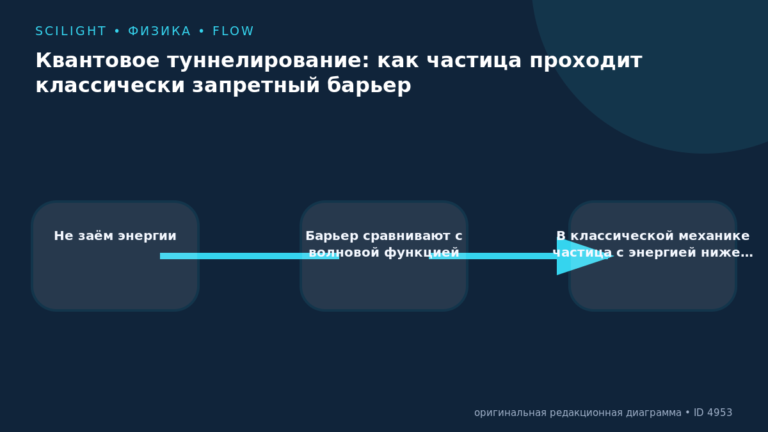 Схема к статье «Квантовое туннелирование: как частица проходит классически запретный барьер»: Не заём энергии, Барьер сравнивают с волновой функцией, В классической механике частица с энергией ниже…