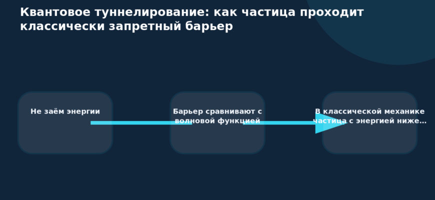Схема к статье «Квантовое туннелирование: как частица проходит классически запретный барьер»: Не заём энергии, Барьер сравнивают с волновой функцией, В классической механике частица с энергией ниже…